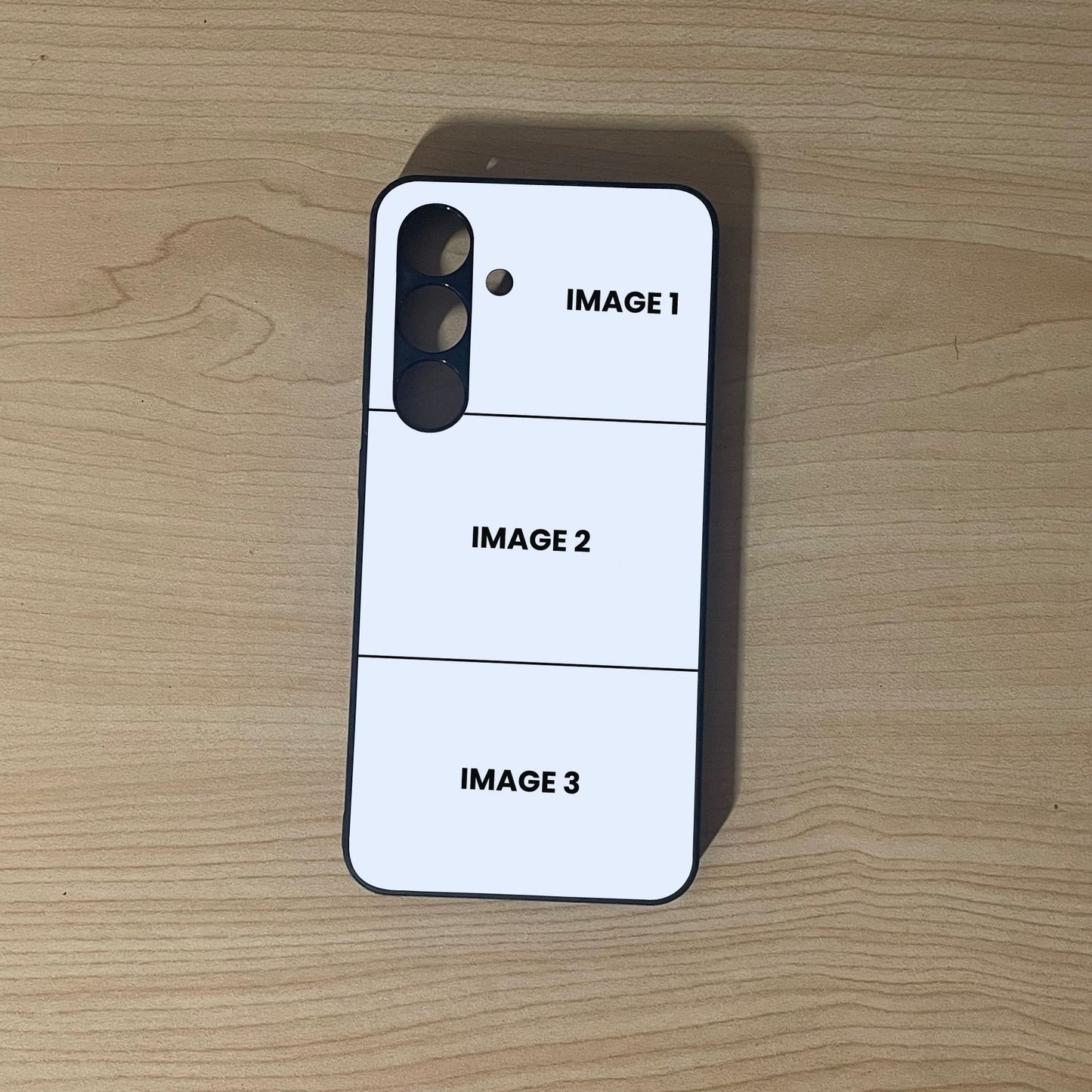 Custom phone case for the Samsung S24 and S24 Plus showing 3 photo collage photo placement on a wooden surface.