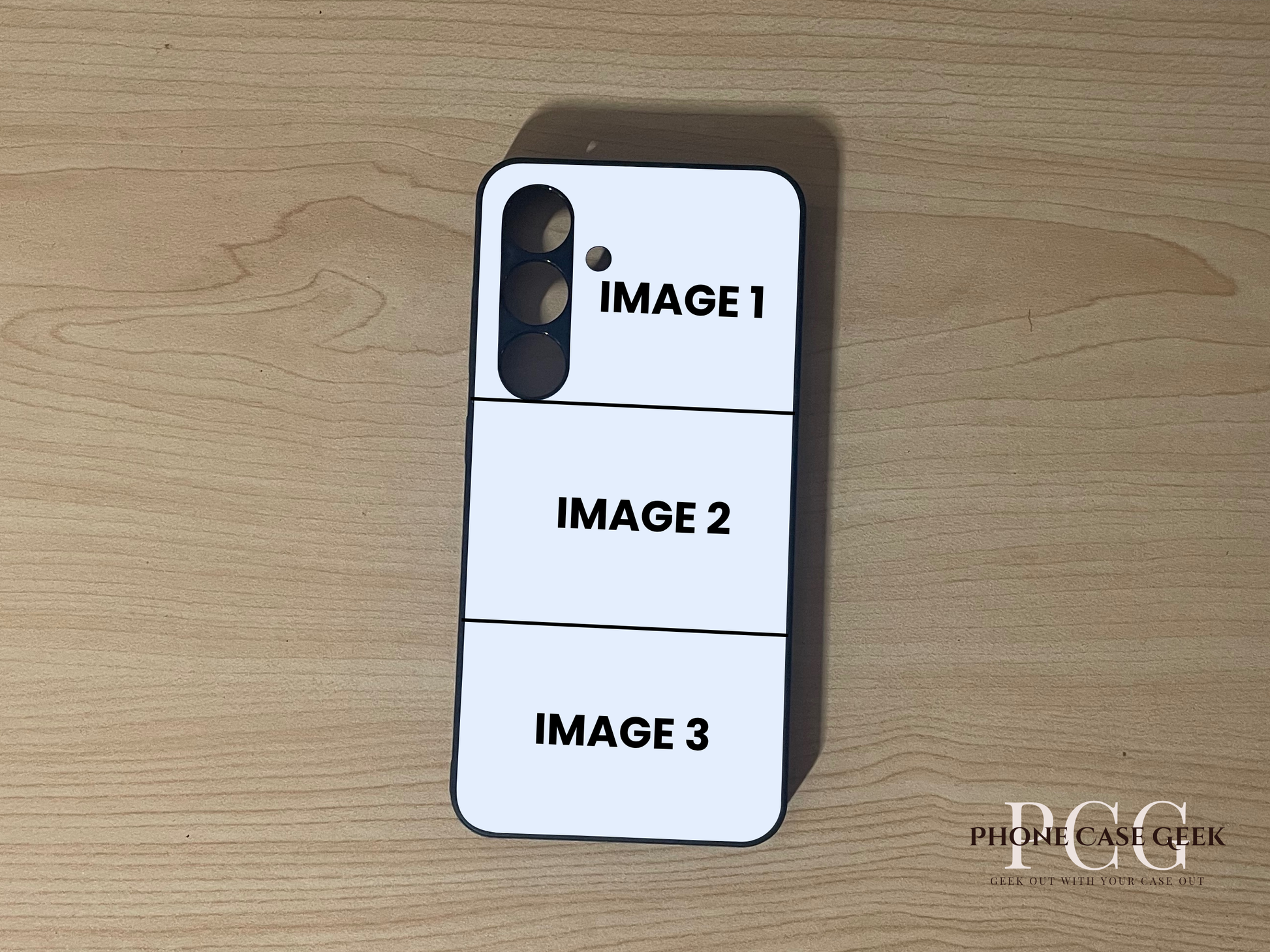 Custom phone case for the Samsung S24 and S24 Plus showing 3 photo collage photo placement on a wooden surface.