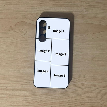 Custom phone case for the Samsung S24 and S24 Plus showing 5 photo collage photo placement on a wooden surface.