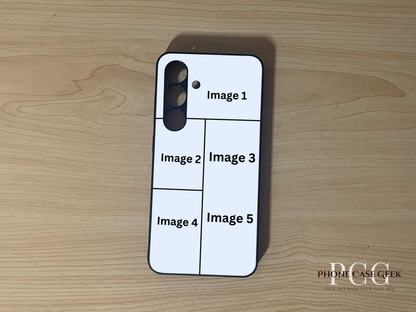 Custom phone case for the Samsung S24 and S24 Plus showing 5 photo collage photo placement on a wooden surface.