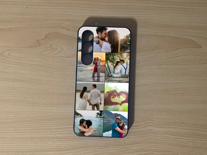 Custom phone case for the Samsung S24 and S24 Plus showing 7 photo collage of couple favorite moment on a wooden surface.