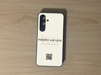Custom phone case for Samsung S24 and S24 Plus with 'Phone Case Geek' branding  to show phone case business branding design on a wooden surface