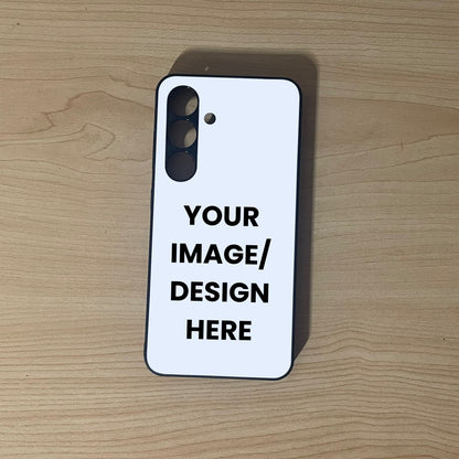 Custom phone case for the Samsung S24 and S24 Plus showing text "Your image / design here"  placement on a wooden surface.