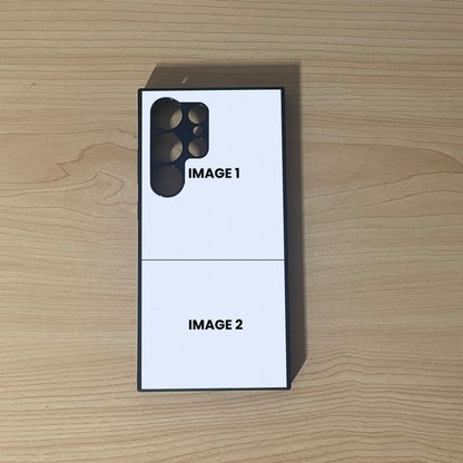 Custom phone case for the Samsung S24 Ultra, S23 Ultra, and S22 Ultra showing 2 photo collage photo placement on a wooden surface.