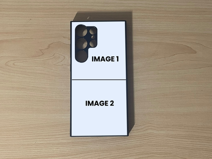Custom phone case for the Samsung S24 Ultra, S23 Ultra, and S22 Ultra showing 2 photo collage photo placement on a wooden surface.