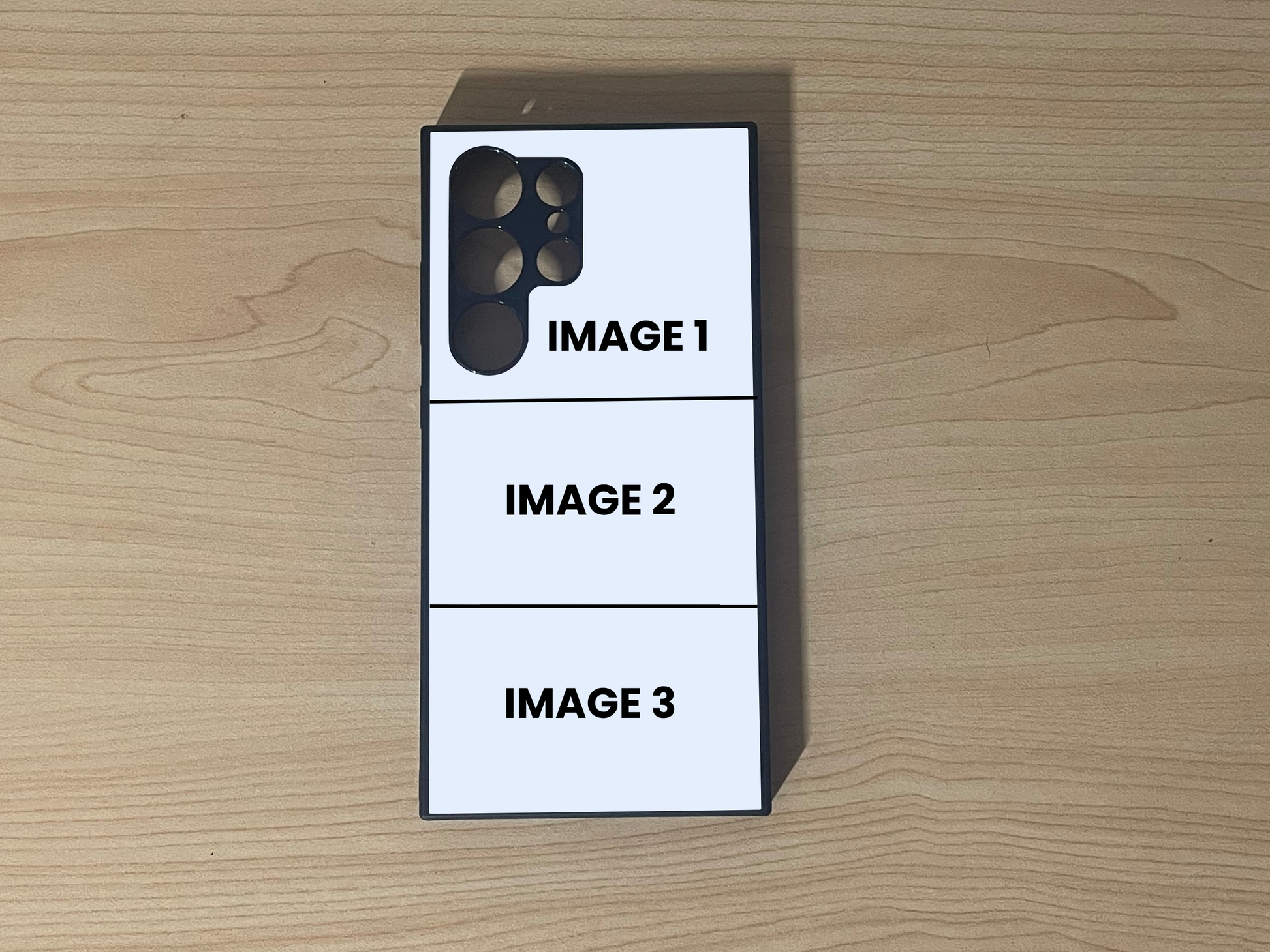 Custom phone case for the Samsung S24 Ultra, S23 Ultra and S22 Ultra showing 3 photo collage photo placement on a wooden surface.