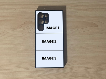Custom phone case for the Samsung S24 Ultra, S23 Ultra and S22 Ultra showing 3 photo collage photo placement on a wooden surface.