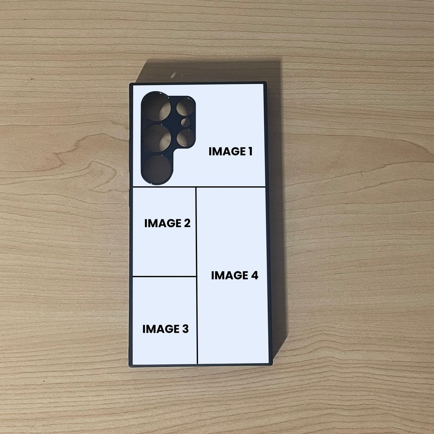 Custom phone case for the Samsung S24 Ultra, S23 Ultra, and S22 Ultra showing 4 photo collage photo placement on a wooden surface.