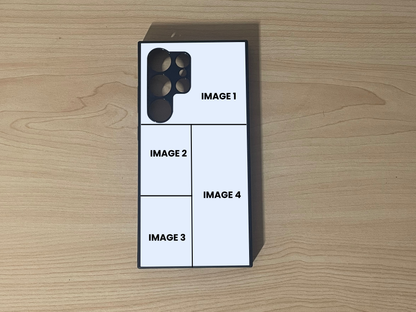 Custom phone case for the Samsung S24 Ultra, S23 Ultra, and S22 Ultra showing 4 photo collage photo placement on a wooden surface.