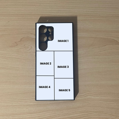 Custom phone case for the Samsung S24 Ultra, S23 Ultra, and S22 Ultra showing 5 photo collage photo placement on a wooden surface.