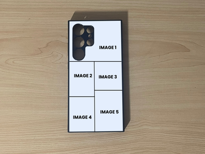 Custom phone case for the Samsung S24 Ultra, S23 Ultra, and S22 Ultra showing 5 photo collage photo placement on a wooden surface.