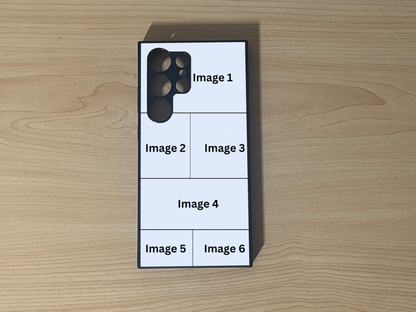 Custom phone case for the Samsung S24 Ultra, S23 Ultra, and S22 Ultra showing 6 photo collage photo placement on a wooden surface.