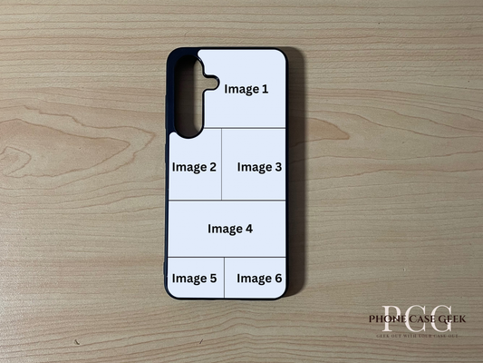 Custom phone case for the Samsung S25 and S25 Plus showing 6 photo collage photo placement on a wooden surface.