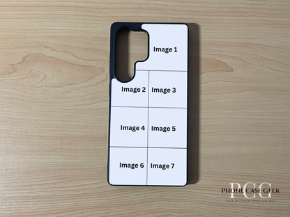 Custom phone case for the Samsung S25 Ultra showing 7 photo collage photo placement on a wooden surface.