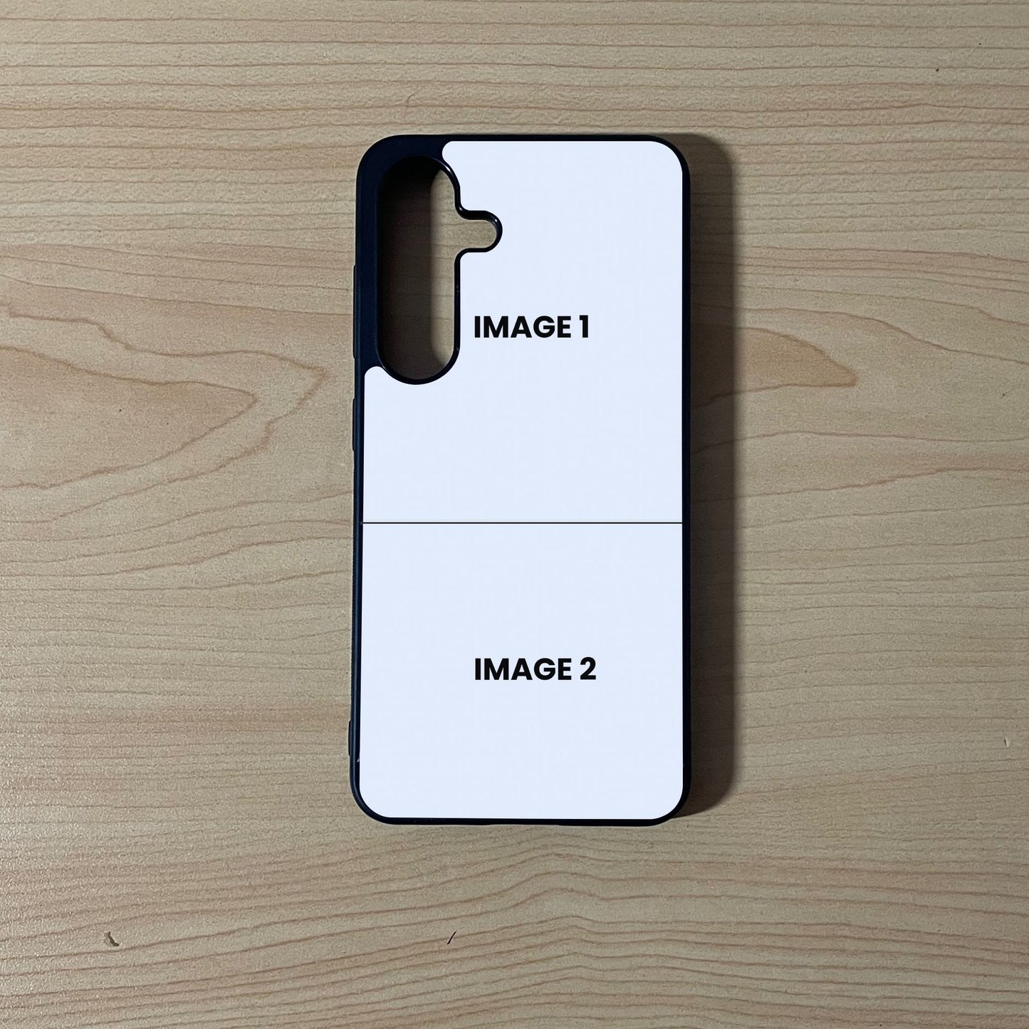 Custom phone case for the Samsung S25 and S25 Plus showing 2 photo collage photo placement on a wooden surface.