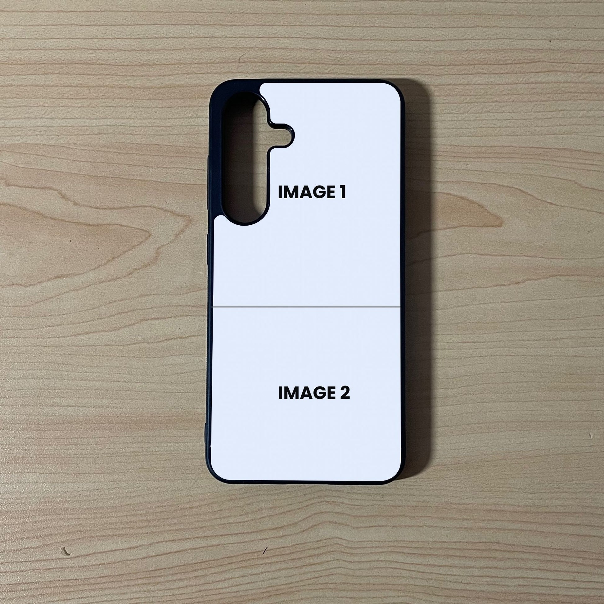 Custom phone case for the Samsung S25 and S25 Plus showing 2 photo collage photo placement on a wooden surface.