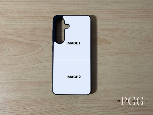 Custom phone case for the Samsung S25 and S25 Plus showing 2 photo collage photo placement on a wooden surface.