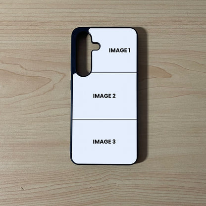 Custom phone case for the Samsung S25 and S25 Plus showing 3 photo collage photo placement on a wooden surface.