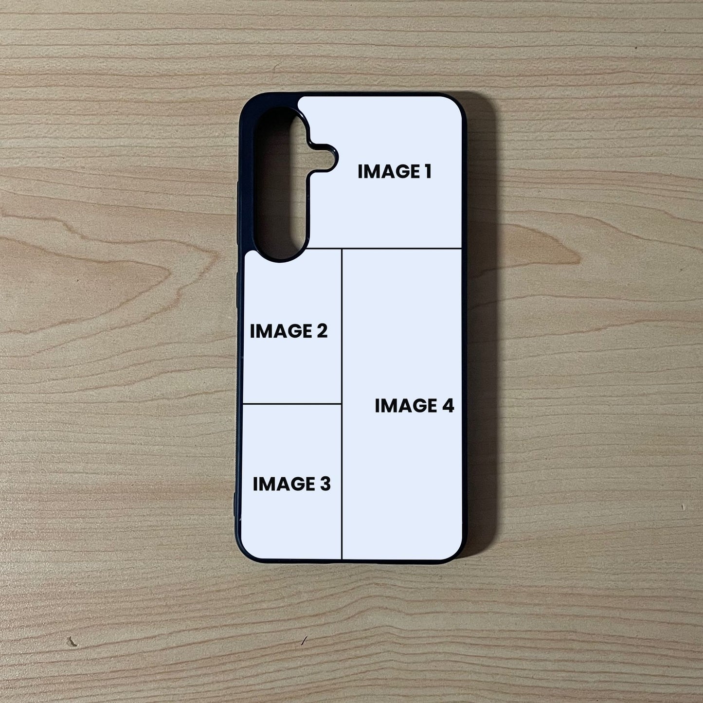 Custom phone case for the Samsung S25 and S25 Plus showing 4 photo collage photo placement on a wooden surface.
