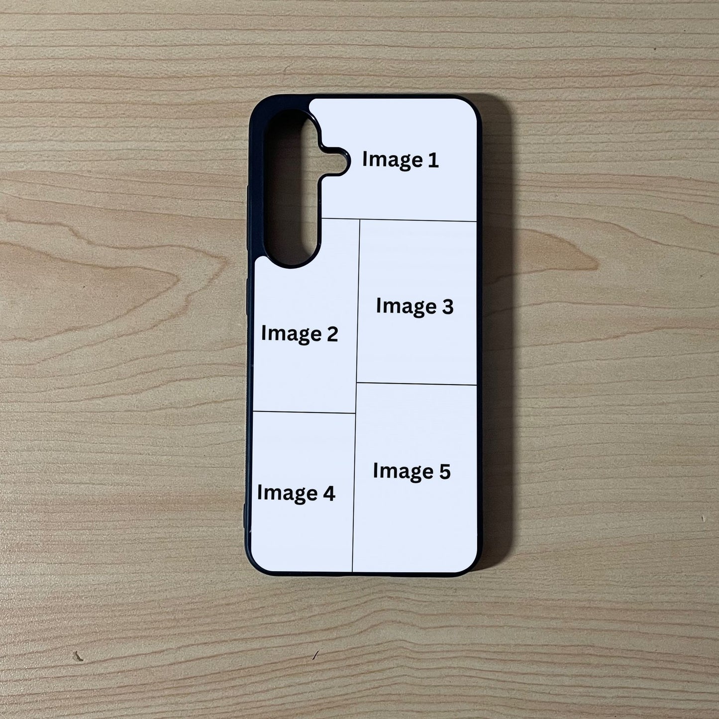 Custom phone case for the Samsung S25 and S25 Plus showing 5 photo collage photo placement on a wooden surface.