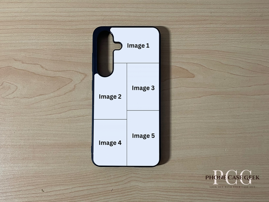 Custom phone case for the Samsung S25 and S25 Plus showing 5 photo collage photo placement on a wooden surface.