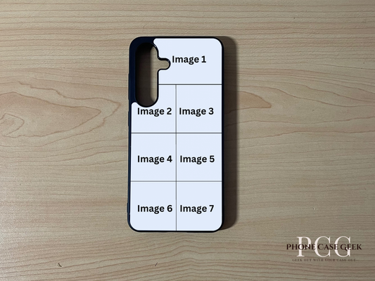 Custom phone case for the Samsung S25 and S25 Plus showing 7 photo collage photo placement on a wooden surface.