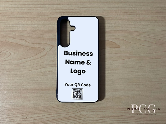 Custom phone case for the Samsung S25 and S25 Plus showing qr code and business logo placement on a wooden surface.