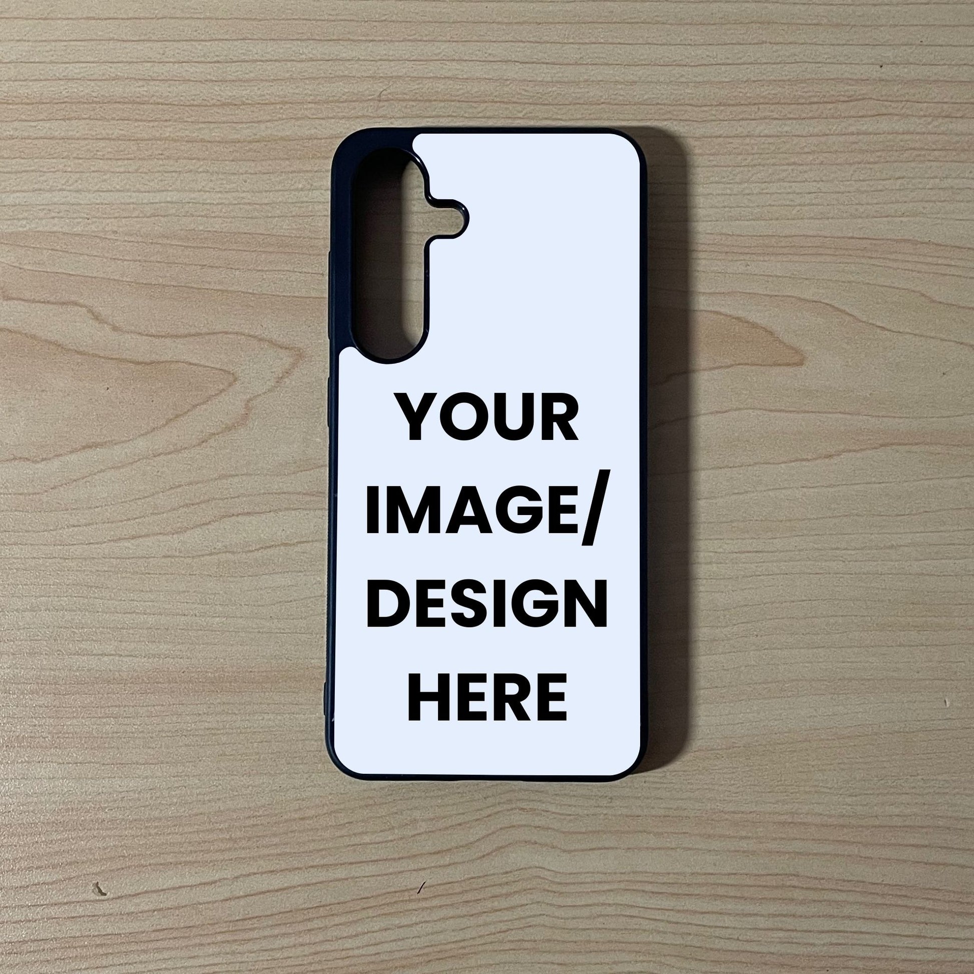Custom phone case for the Samsung S25 and S25 Plus showing image placement on a wooden surface.