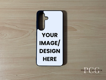 Custom phone case for the Samsung S25 and S25 Plus showing image placement on a wooden surface.