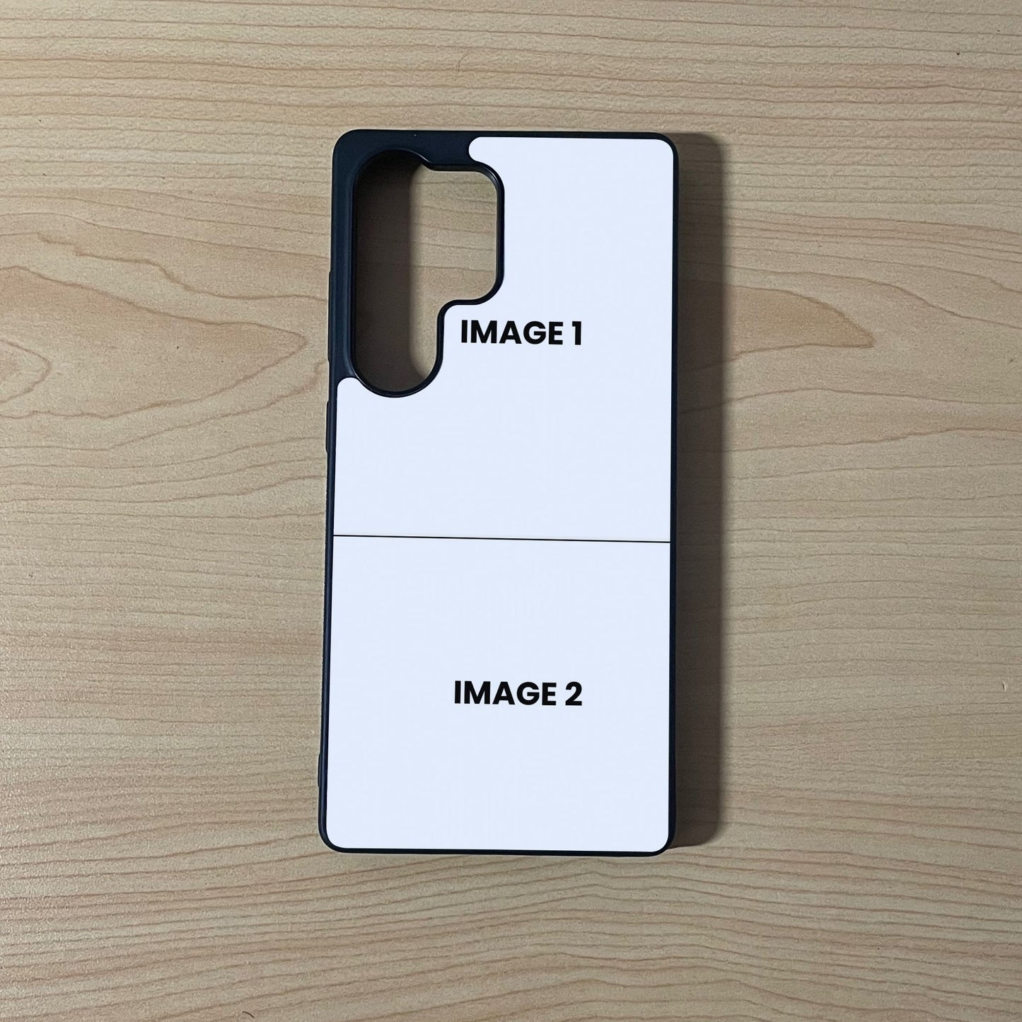 Custom phone case for the Samsung S25 Ultra showing 2 photo collage photo placement on a wooden surface.