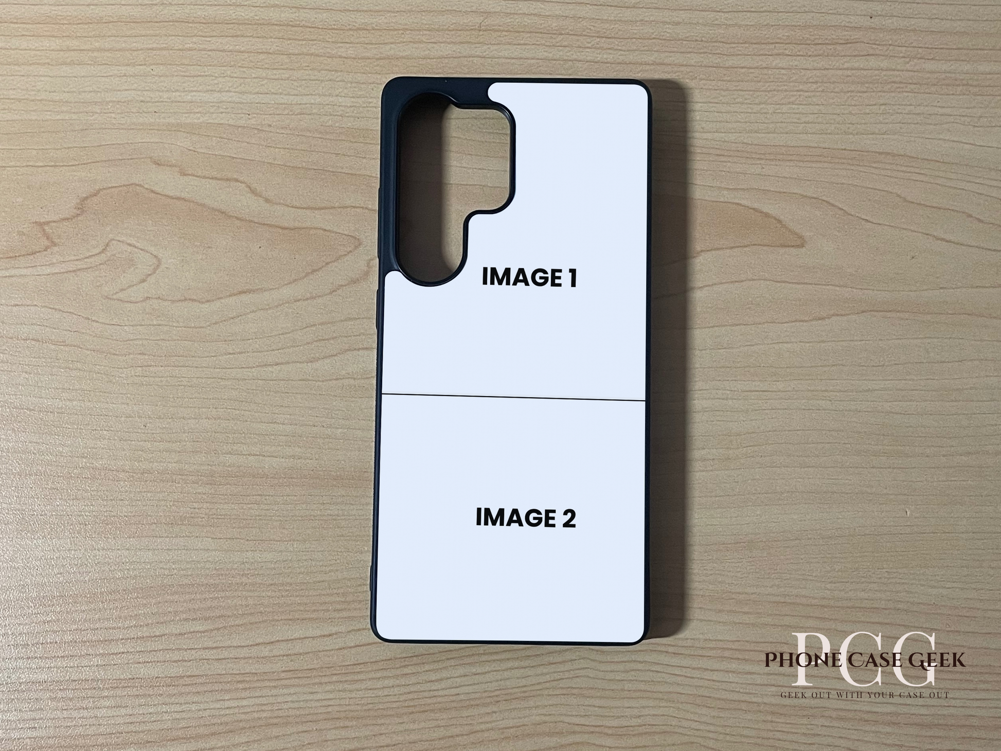 Custom phone case for the Samsung S25 Ultra showing 2 photo collage photo placement on a wooden surface.