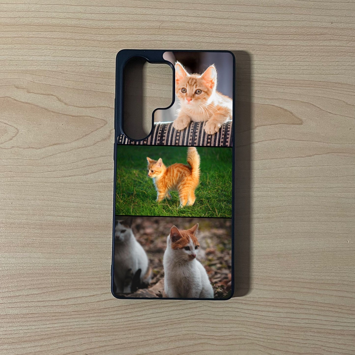 Custom phone case for the Samsung S25 Ultra showing 3 photo collage with images of cats on a wooden surface