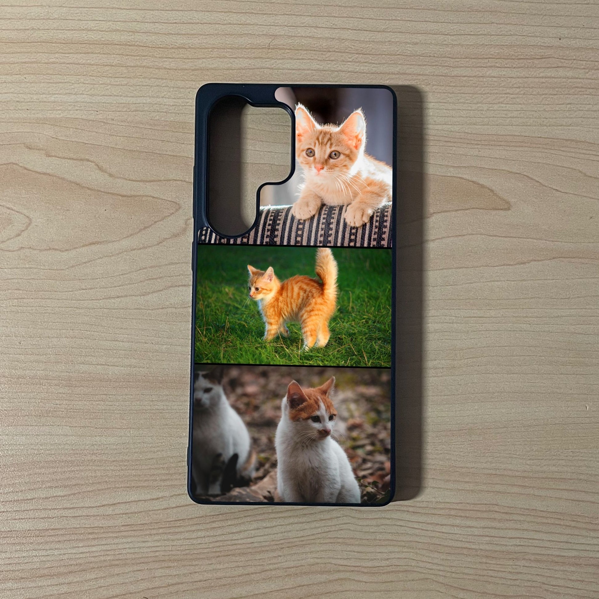Custom phone case for the Samsung S25 Ultra showing 3 photo collage with images of cats on a wooden surface