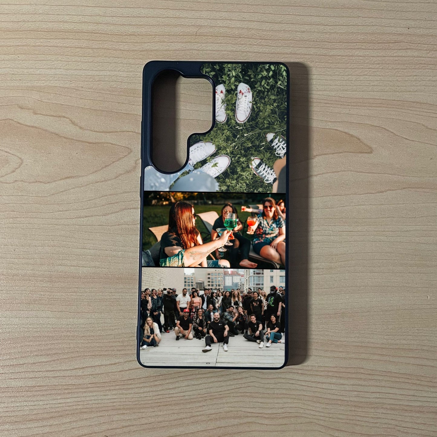 Custom phone case for the Samsung S25 Ultra showing 3 photo collage of friends special moments on a wooden surface.