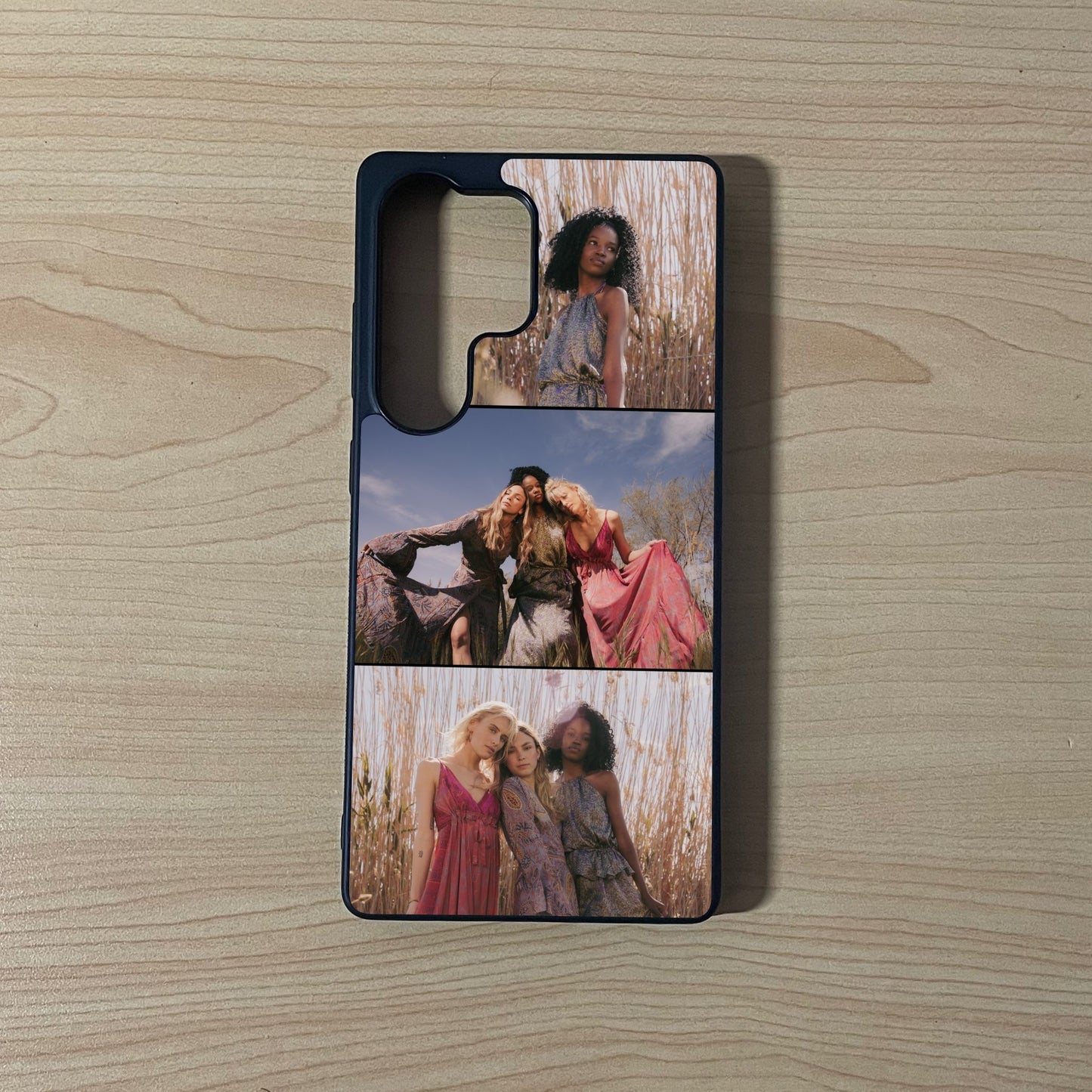 Custom phone case for the Samsung S25 Ultra showing 3 photo collage photo of friends moments on a wooden surface.