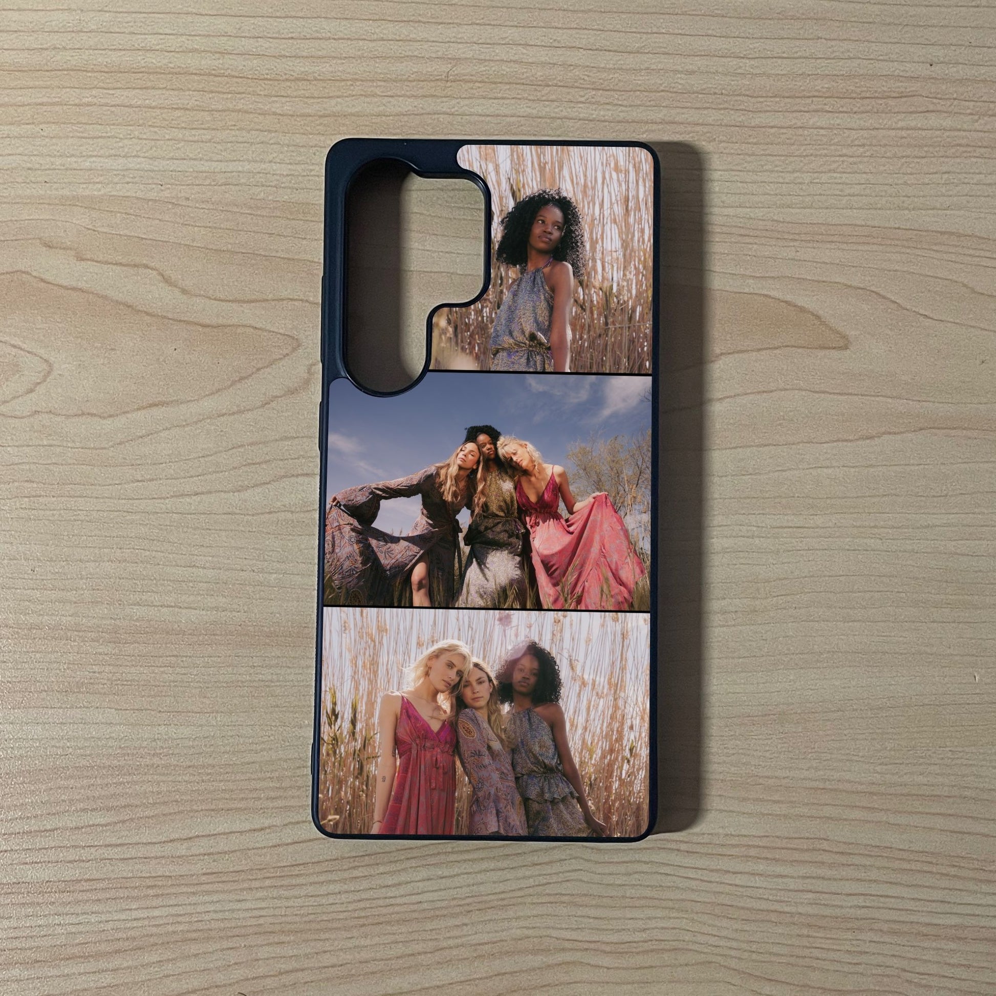 Custom phone case for the Samsung S25 Ultra showing 3 photo collage photo of friends moments on a wooden surface.