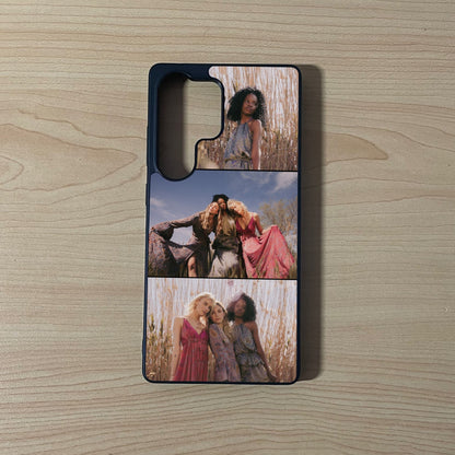 Custom phone case for the Samsung S25 Ultra showing 3 photo collage photo of friends moments on a wooden surface.