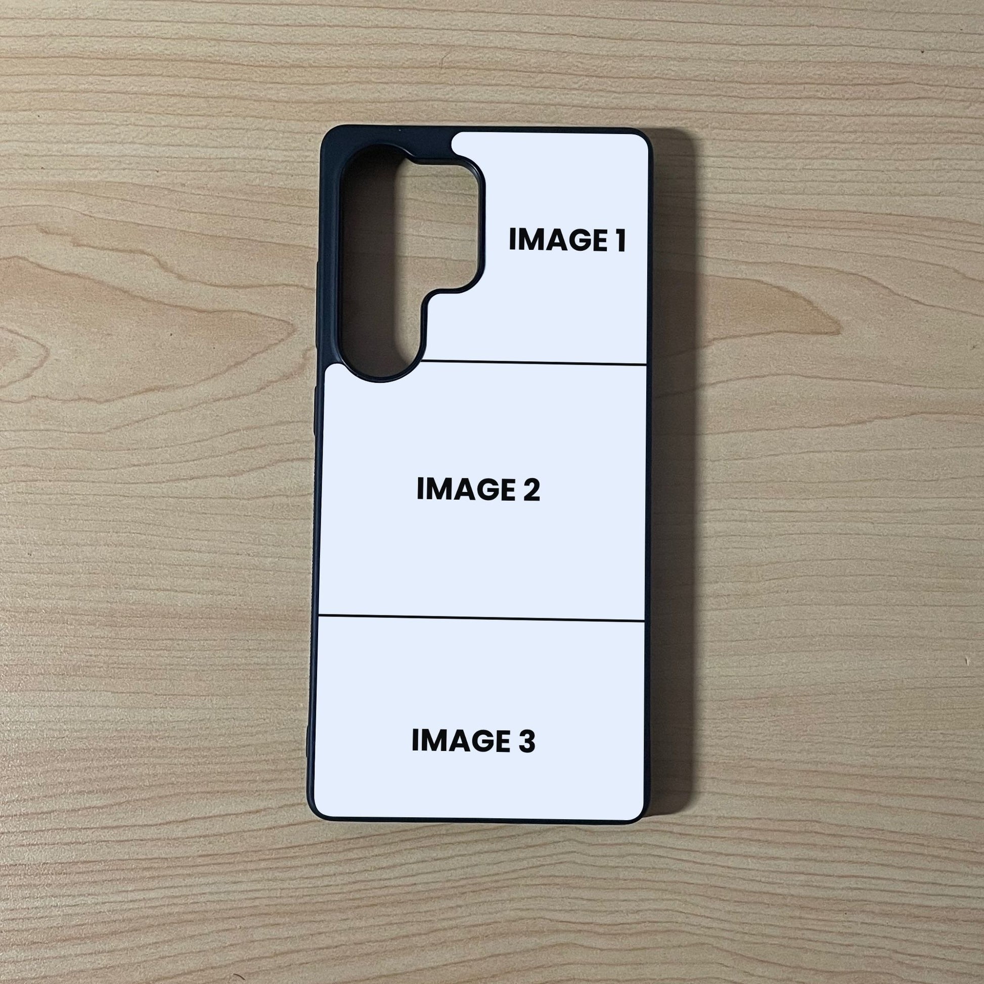 Custom phone case for the Samsung S25 Ultra showing 3 photo collage photo placement on a wooden surface.