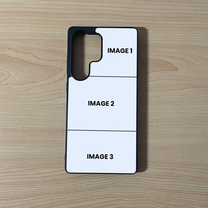 Custom phone case for the Samsung S25 Ultra showing 3 photo collage photo placement on a wooden surface.