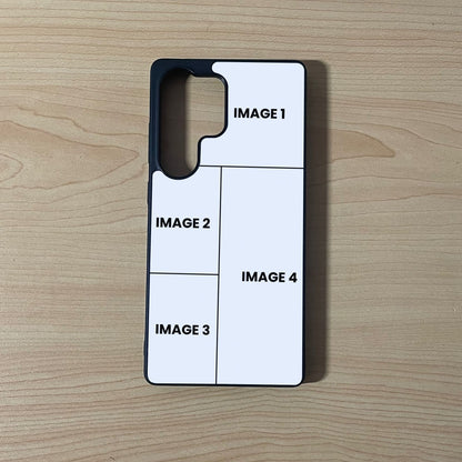 Custom phone case for the Samsung S25 Ultra showing 4 photo collage photo placement on a wooden surface.