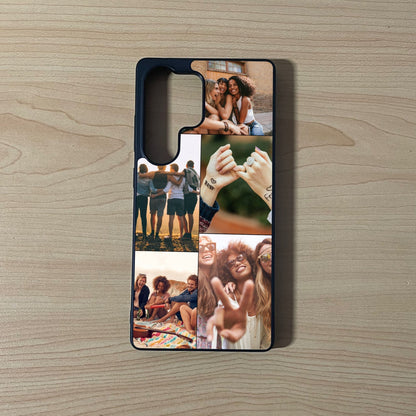 Custom phone case for the Samsung S25 Ultra showing 5 photo collage photo of friends moments on a wooden surface.