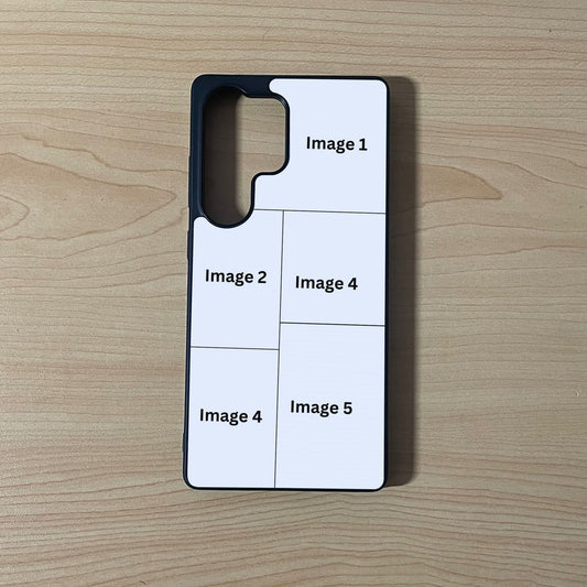 Custom phone case for the Samsung S25 Ultra showing 5 photo collage photo placement on a wooden surface.