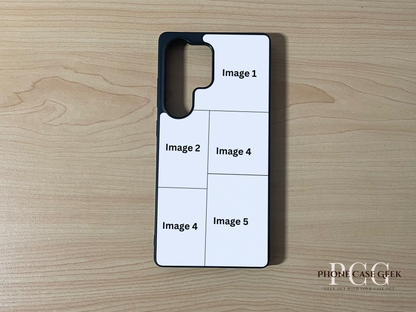 Custom phone case for the Samsung S25 Ultra showing 5 photo collage photo placement on a wooden surface.