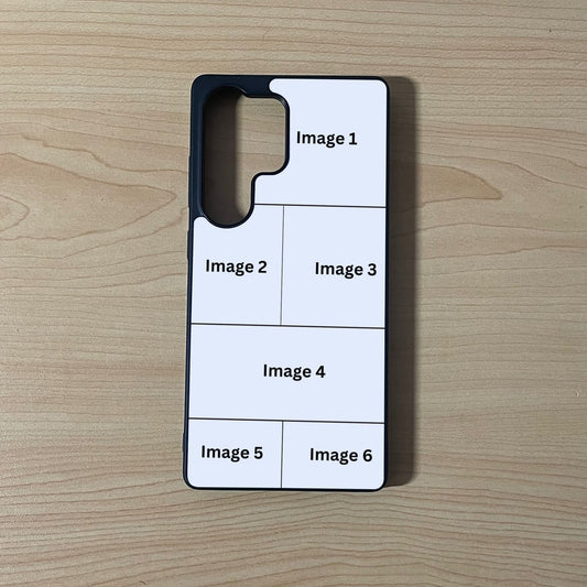 Custom phone case for the Samsung S25 Ultra showing 6 photo collage photo placement on a wooden surface.