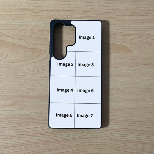Custom phone case for the Samsung S25 Ultra showing 7 photo collage photo placement on a wooden surface.