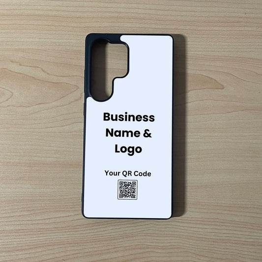 Custom phone case for the Samsung S25 Ultra showing qr code and business logo placement on a wooden surface.
