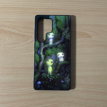 Samsung S25 Ultra custom iPhone case with an image of a beautiful forest with  forest spirit characters on a wooden surface.