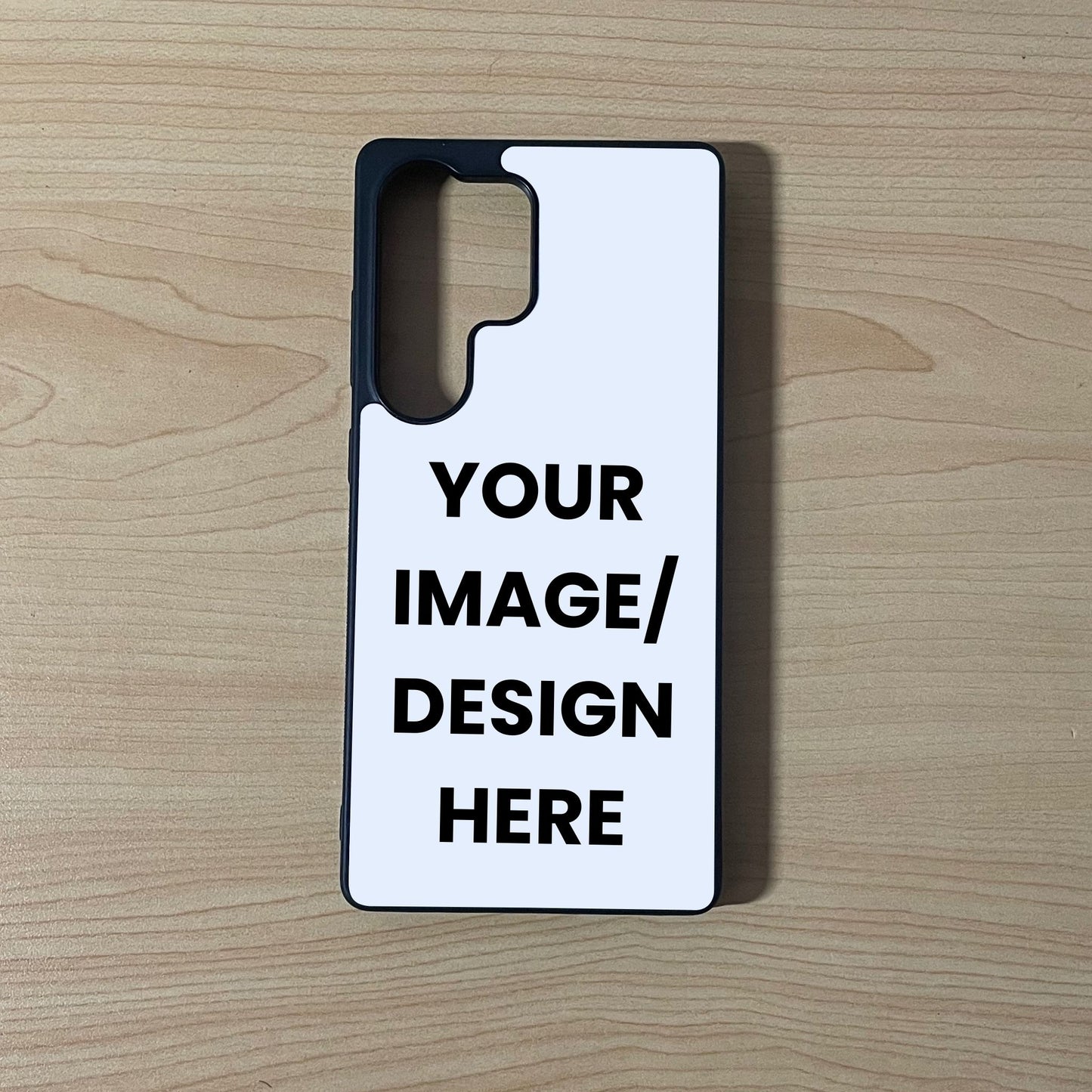 Custom phone case for the Samsung S25 Ultra showing image placement on a wooden surface.