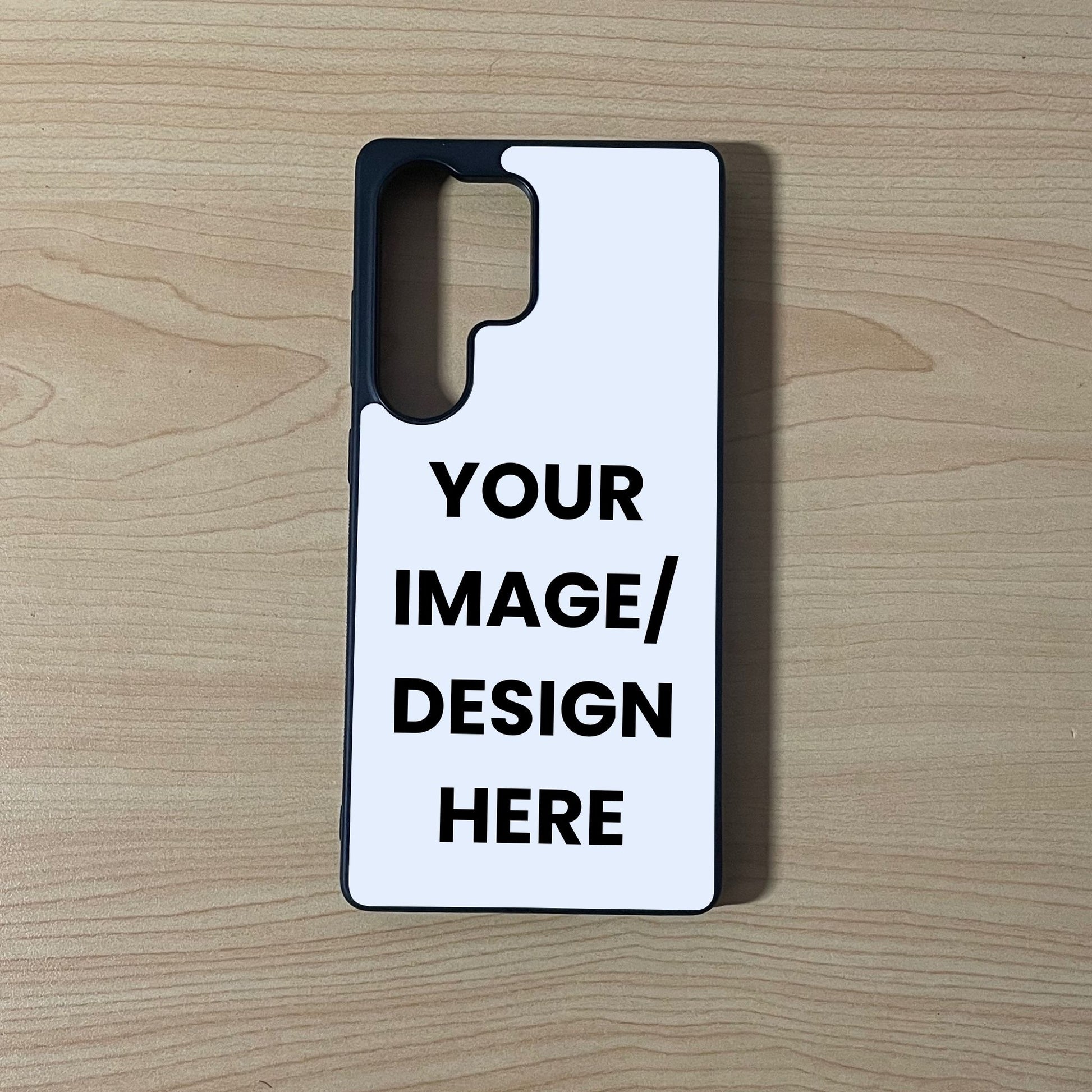 Custom phone case for the Samsung S25 Ultra showing image placement on a wooden surface.