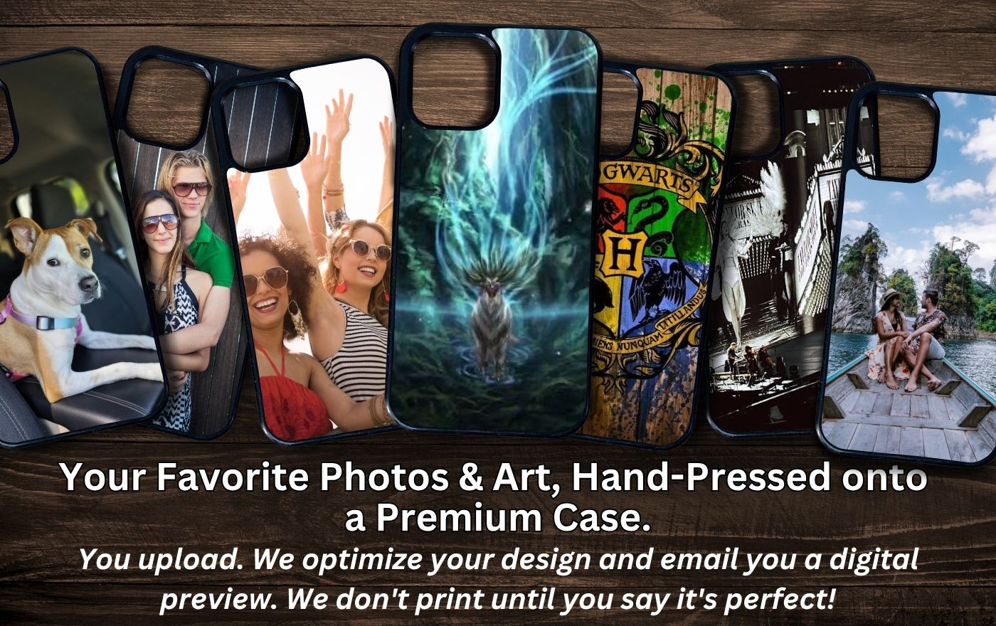 Collection of phone cases with various designs on a wooden surface